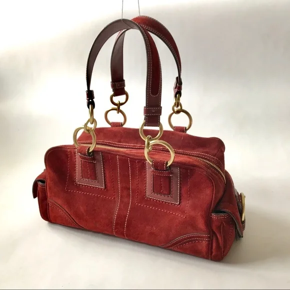 Vintage Coach Red/Burgundy Suede Hobo Bag with Gold Accents - Picture 3 of 7